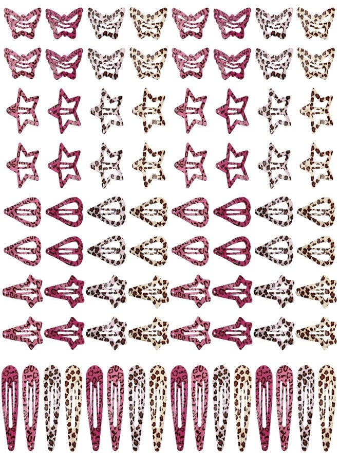 ZhouBoat 80 Pcs Metal Snap Hair Clips, Colorful Y2K Star Hair Barrettes Butterflies Hearts Water Drop Snap Hair Clips for Women, Pink and Brown Leopard Print, 5 Styles - Image 1